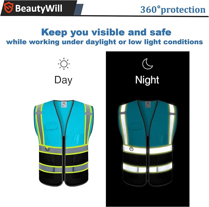 5 Pack Custom Safety Vest Customized Logo Mesh Vest Class 2 High Visibility Reflective Vest with Pockets Workwear（LightBlue Black，M ）