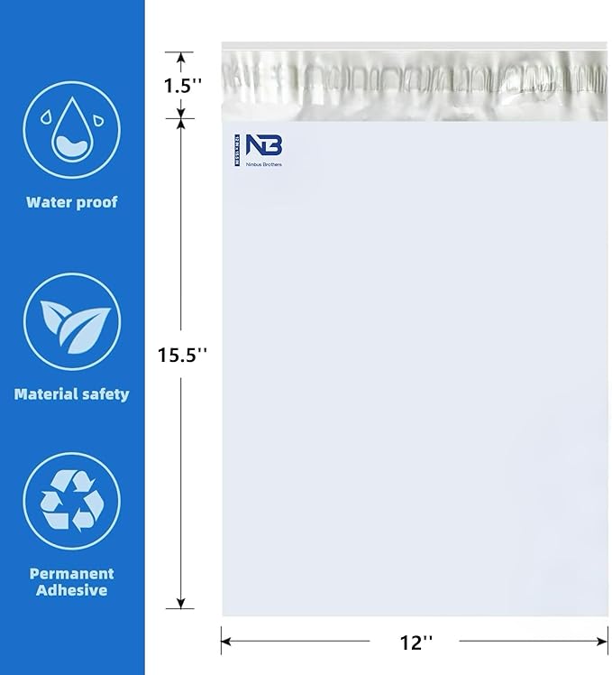 NB 12x15.5 Inch – 500 Pcs White Poly Mailers Strong Adhesive Self-Seal Shipping Envelopes, Tear & Water Resistant Packaging for E-Commerce and Small Business