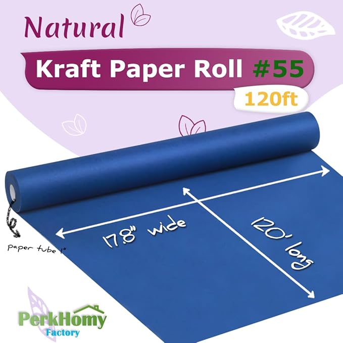 PerkHomy 17.8" x 1,440" (120') Blue Kraft Paper Roll for Craft Bulletin Board Paper Art Table Covering Crafting Gift Wrapping Bouquet Packing Parcel 80GSM 55LB (Blue, 17.8" x 120')