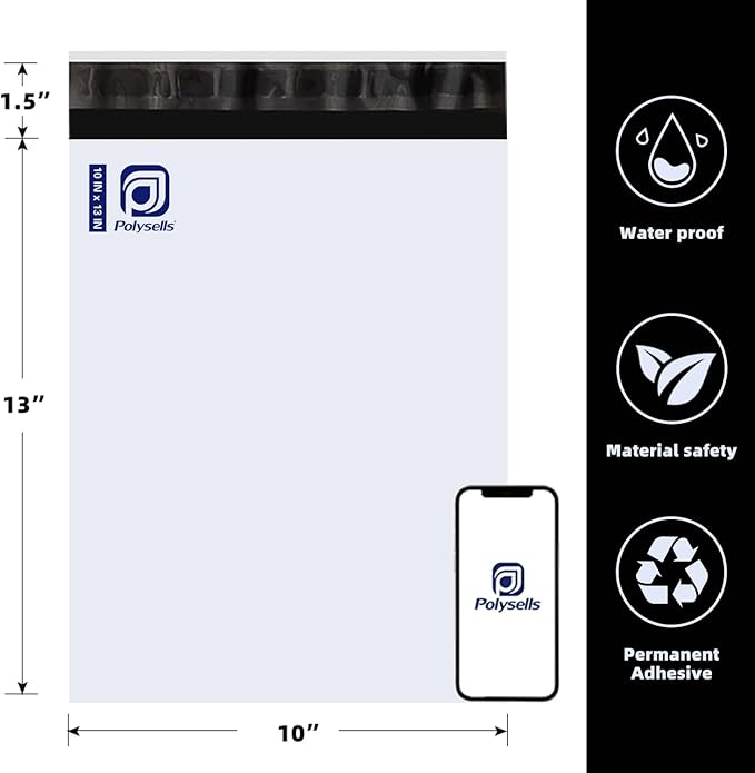 POLYSELLS 100 pcs 10x13 Inch White Poly Mailers Shipping Envelopes, Strong Adhesive Sealing, Waterproof, and Tear-resistant Postal Mailing Bags for Clothing, Books, and Accessories