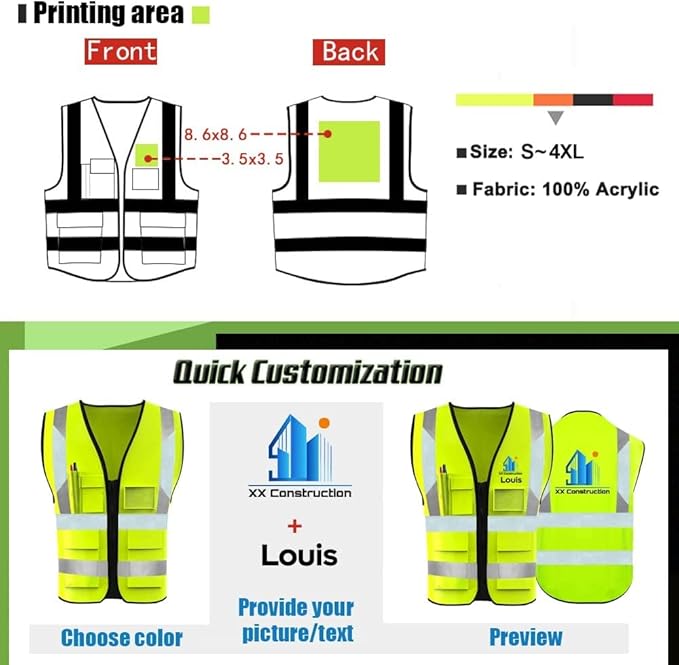 YOWESHOP High Reflective Visibility Safety Vest Custom Your Logo Safety Workwear with Reflective Strips and Front Zipper