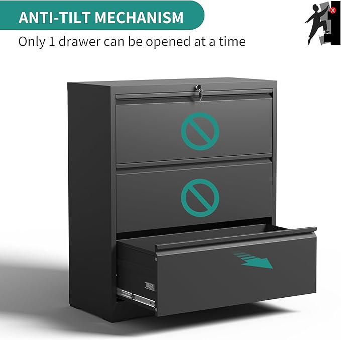 3 Drawer Lateral File Cabinet with Lock, Metal Filing Cabinets for Home Office, Steel Storage Wide File Cabinet for Letter/Legal/F4/A4 Size with Hanging Bars, Assembly Required (Black)