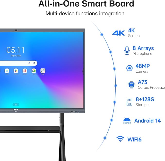 JAV Smart Board Interactive Whiteboard for Classroom Office Home, 4K UHD 8+128GB Touchscreen Smartboard with Built-in EDLA Licensed Android OS & Open App Ecosystem, Wi-Fi & Bluetooth