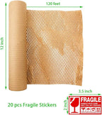 Honeycomb Packing Paper 12" W x 120' L Packing Paper for Moving Products & Gifts Honeycomb Wrapping Paper Recyclable and Biodegradable Cushioning Packing Material with 20 Fragile Stickers