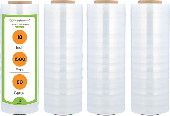 PSBM 4 Rolls 18 Inch x 1500 Feet 80 Gauge Stretch Film/Wrap, Heavy Duty Industrial Strength Up to 800% Ultimate Stretch, Clear Shrink Plastic Wrap for Moving, Packing, Shipping & Storage