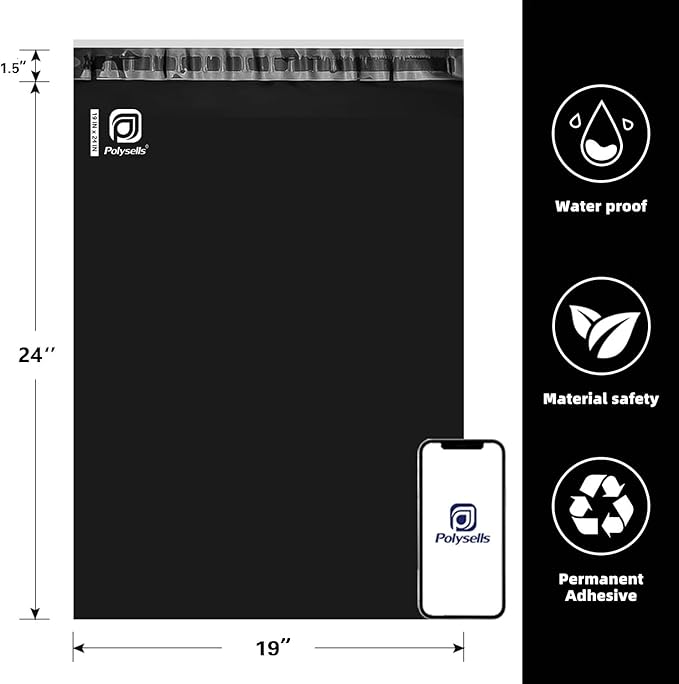 POLYSELLS 50 pcs 19x24 Inches Black Poly Mailers Shipping Envelopes, Strong Adhesive Sealing, Waterproof, and Tear-resistant Postal Mailing Bags for Clothing, Books, and Accessories