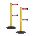 CCW Series WBB-200D - Set of 2 Retractable Dual Belt Stanchion Safety Barrier, Heavy-Duty Rubber Base Yellow Post (9 Foot Belt, Red with"Please Wait Here" White Letters Belt)