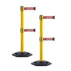 CCW Series WBB-200D - Set of 2 Retractable Dual Belt Stanchion Safety Barrier, Heavy-Duty Rubber Base Yellow Post (9 Foot Belt, Red with"Please Wait Here" White Letters Belt)