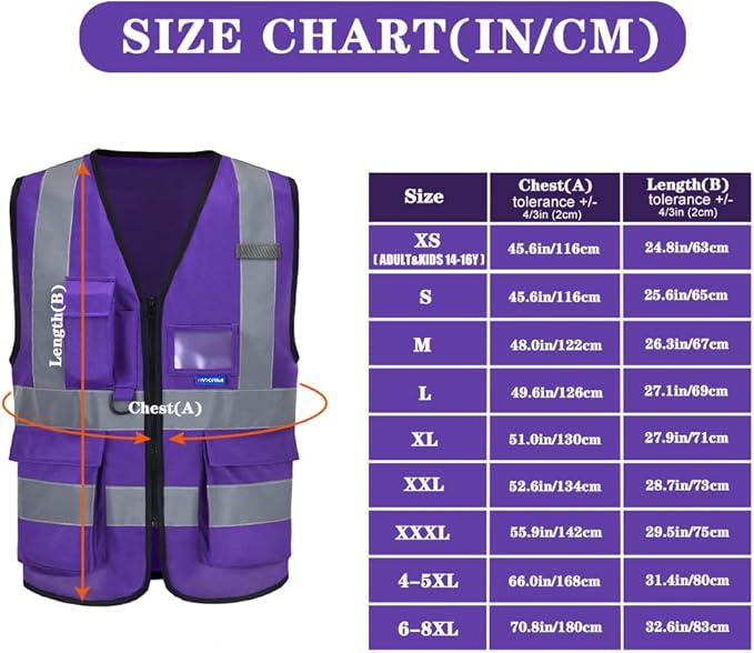 A-SAFETY Hi Reflective Safety Vest, Hi Vis Bright Neon Colors Safety Vest with 4 Reflective Strips 7 Pockets (4-5XL Purple)
