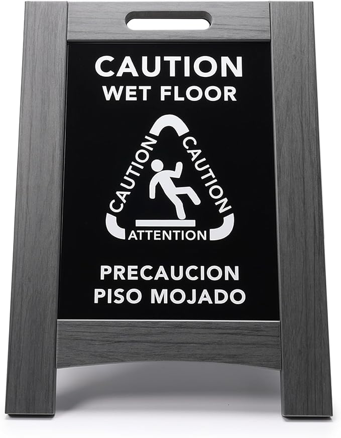 Premium Outdoor Composite Caution Wet Floor Sign – Bilingual w/Non-Skid Plastic Feet, Black Plate – For Hotels, Schools, Offices, Areas, Restrooms, Pool Decks - Grey (2 Pack)