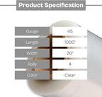 PSBM Stretch Wrap with Handles, 4 Pack, 20 Inch x 1000 Feet, 45 Gauge, Clear Plastic Cling with Extended Core Handles Built in