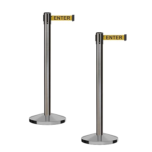 CCW Series RBB-100 - Set of 2 Stanchion Retractable Belt Barriers (11 Foot Belt, Yellow with"Caution - DO NOT Enter" Black Letters Belt with Satin Stainless Steel Post)