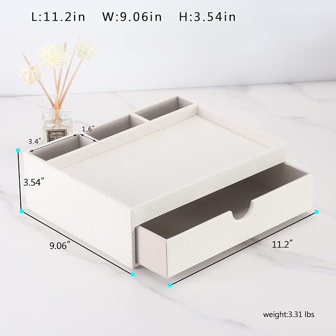 Leather Desk Organizer With Drawers, Home Cosmetics & Phone Remote Organizer, Drawer Plus Divider & Tray (white)