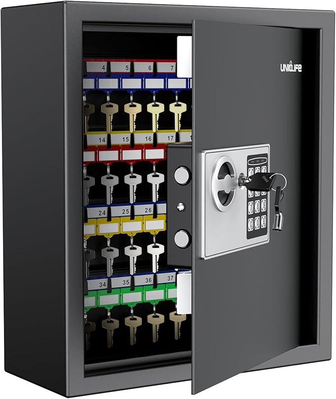 Uniclife 70 Position Key Cabinet with Combination & Key Lock Wall Mounted Security Keys Safe Key Organizer Black Digital with Keypad Adjustable Racks Key Tags & Permanent Pen (Batteries Not Included)