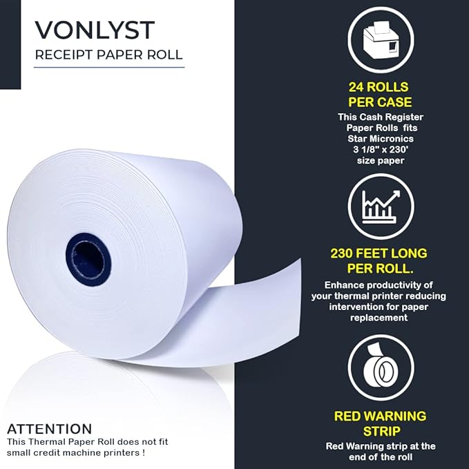 Receipt Paper Roll 3 1/8 x 230 for Square Register and Square POS System connected to Star Micronics Thermal Printer (Pack 24 rolls)