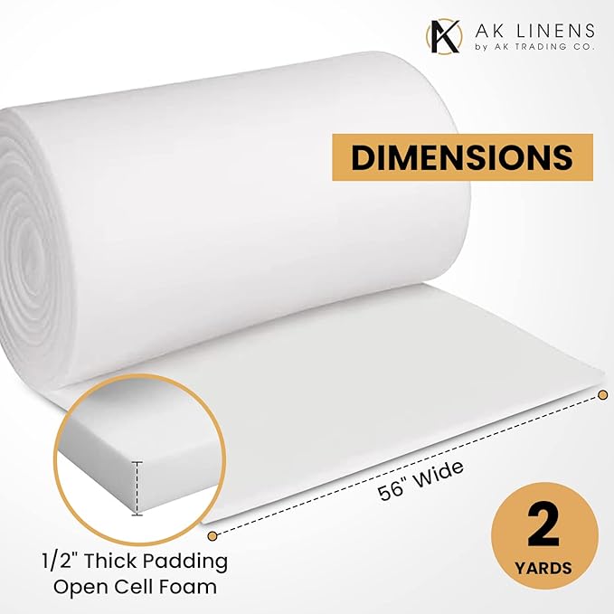 AK TRADING CO. 1/2” Thick Open Cell Upholstery Foam Padding – 56” Wide – by The Yard – Soft, High-Quality Upholstery, Crafts & DIY Projects Foam
