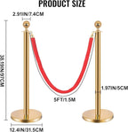 8PCS Stainless Steel Stanchions Post w/ 6 Red Velvet 5ft Carpet Ropes - Hollow Base for Red Carpet Queue - Crowd Control Barriers Ideal for Party, Wedding, Hotels, Exhibitions - Gold