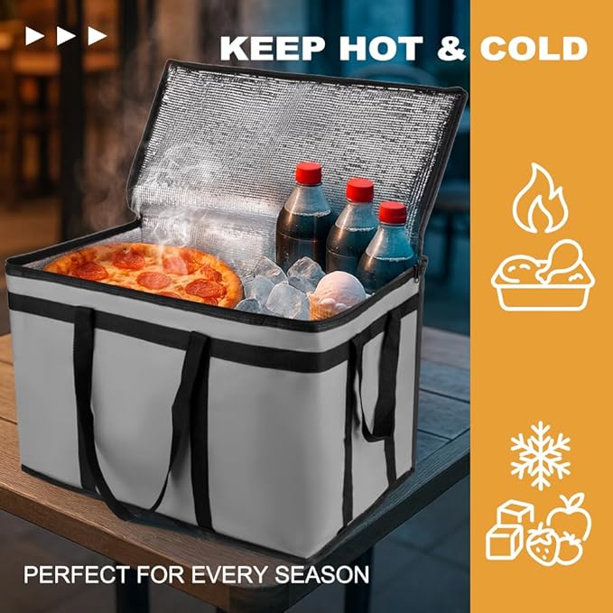 XXXL Insulated Food Delivery Bag - Reusable Thermal Cooler Grocery Bags for Catering & Delivery, Pizza Carrier for Events, Large Capacity Bag Keeps Food Hot/Cold for Shopping, Commercial (Gray, 1PK)