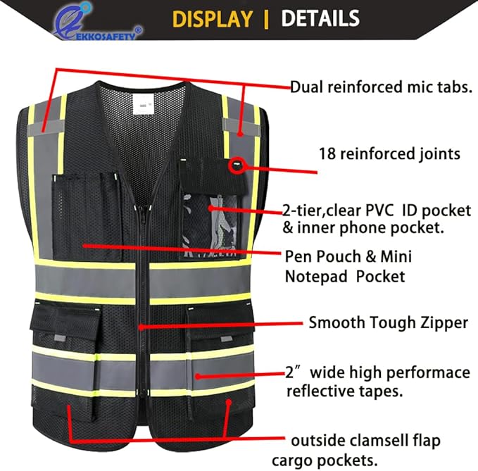 9 Pockes Black Reflecive Safety Vest for Men with Double Stitching Knots around All Pockets and Zipper High Visibility Mesh Construction Work Vest,Meets ANSI/ISEA Standards(EK176-Black-L)