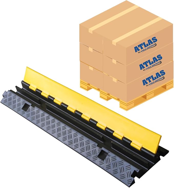 Kable Kontrol Atlas Heavy Duty Cable Protector Ramp - 2 Channel Bulk Wholesale Pallet - 10 Pcs - 40” Long Black & Yellow - 24,000 Lbs Capacity - Rubber Speed Bump Wire Protector Cord Cover - CP9987