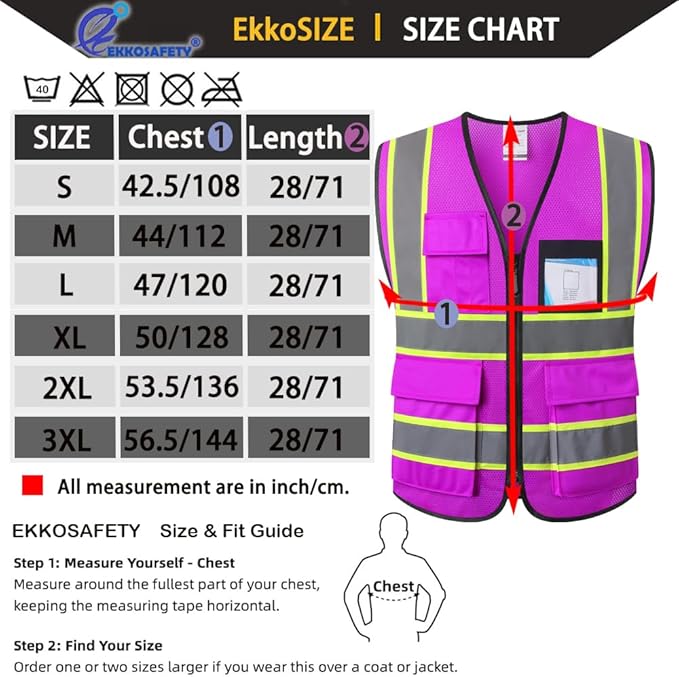 Purple Safety Vest for Men Women Reflective with 8 Pockets and Zipper Front Mesh High Visibility Vest Hi Vis Construction Work Vest,Meets ANSI/ISEA Standards(EKH1-Purple-2XL)