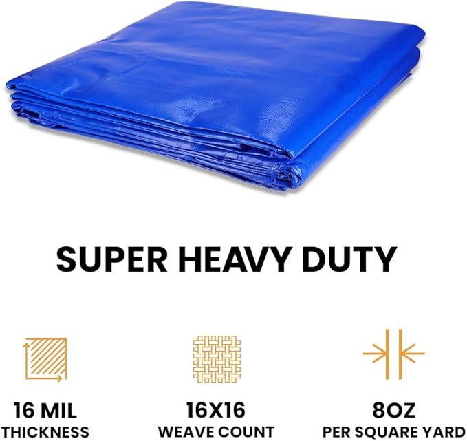 WHITEDUCK 12' x 16' Super Heavy Duty Poly Tarp Thick 16 Mil, Waterproof 100% UV Resistant Rip/Tear Proof Tarp w/Rustproof Grommets & Reinforced Edges Blue,16 mil Finished Size: 11'6"x15'6"