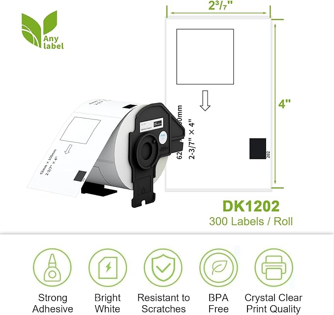 Compatible Shipping Labels Replacement for DK-1202 (2.4" x 3.9"), Use with Brother QL Label Printers (12 Rolls + 1 Reusable Cartridges, 300 Labels/Roll)
