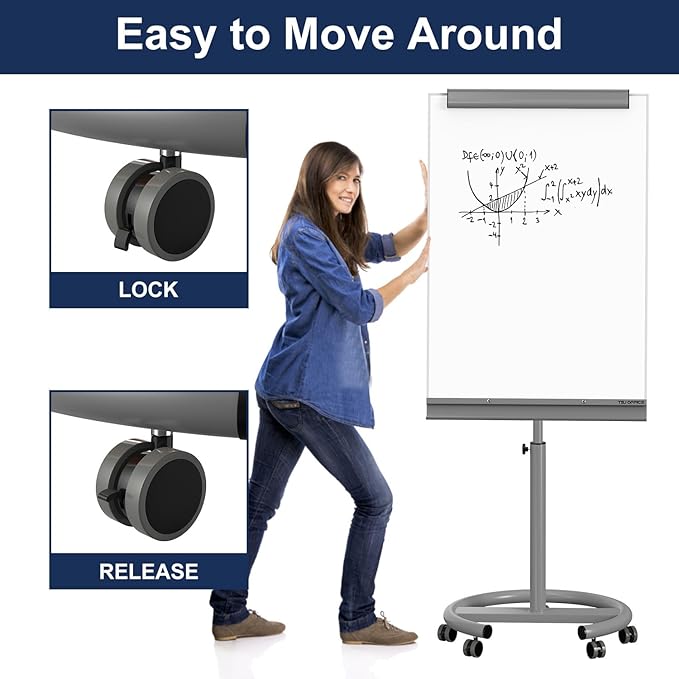 TSJ OFFICE Mobile Standing Whiteboard - 40 x 26 Inches Dry Erase White Board Tripod Whiteboard with Rolling Stand Flipchart Easel Height Adjustable