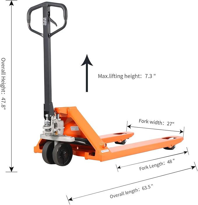 Tory Carrier Manual Pallet Jack 5500 Lb. Capacity, Industrial Pallet Truck 48 × 27" Fork Size Standard Heavy Duty Hand Trucks with PU Wheels