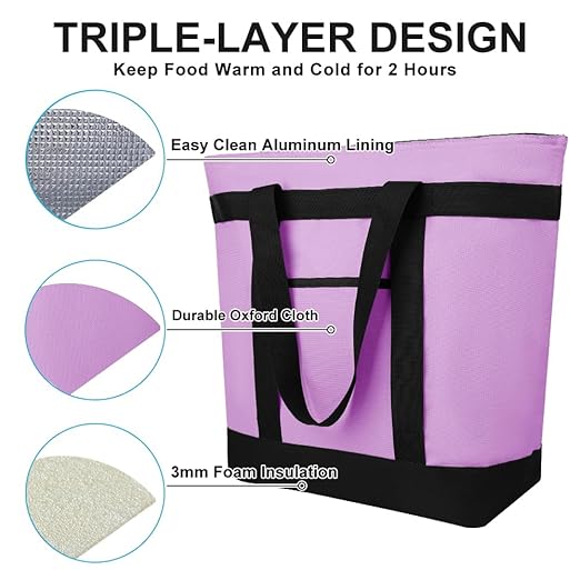2Pk Insulated Reusable Tote Bag for Grocery Shopping for Women/Men, Pizza/Food Delivery Bag to Keep Food Cold/Hot for Professional Catering, Cooler bags for Travel/Beach/Picnic, Lavender