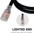 EP 50 Ft Lighted Outdoor Extension Cord - 10/3 SJTW Heavy Duty Black Extension Cable with 3 Prong Grounded Plug for Safety, UL Listed