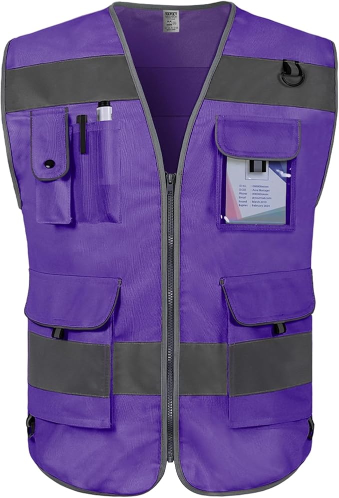 TCCFCCT Safety Vest for Men Women 9 Pockets High Visibility Reflective Safety Vest, Hi Vis Construction Vest with Reinforced Sewing, Durable to Use, Meets ANSI/ISEA Standards, (Purple, X-Large)
