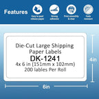 Label KINGDOM Replace for Brother DK-1241 Die-Cut 4" x 6" Large Shipping White Paper Labels (102 mm x 151 mm) 200/ Roll DK Labels for QL-1110NWB Printer (4 Rolls + 1 Detachable Frame)