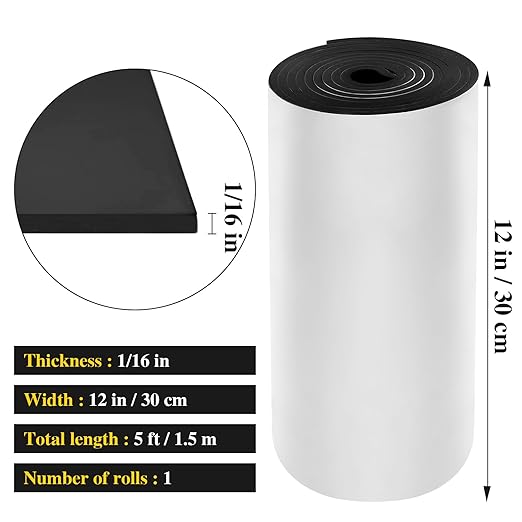Adhesive Foam Padding Roll Closed Cell Sponge Neoprene Insulation Board Foam Sheet Pad with Sticky Back for Anti Vibration, Anti-Slip, DIY Crafts, Gaskets, Cosplay, Costume (12x59x1/16 inch)