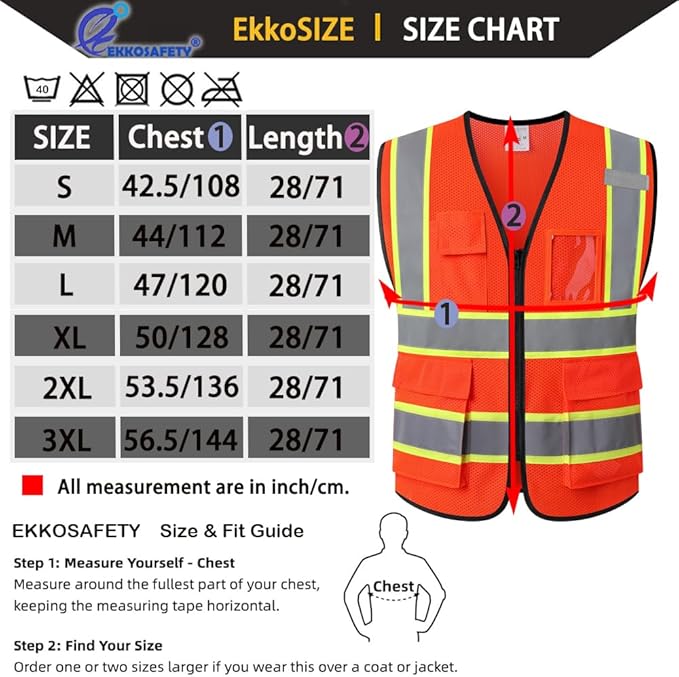 Safety Vest for Men Women Reflective with 5 Pockets and Zipper Front Mesh High Visibility Vest Hi Vis Construction Work Vest,Meets ANSI/ISEA Standards(EK175-Orange-S)