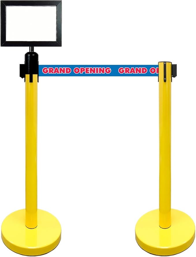Retractable Stanchion, 6 SPECIALTY Posts + Signframe, 36" Ht, 78" Special Event & Holiday Theme Belt + Bonus Replacement Cassettes + Wall Receiver (YEL Post/Grand Opening Belt)