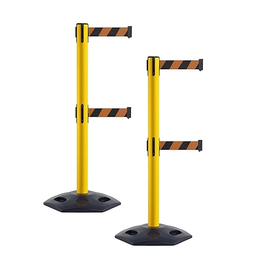 CCW Series WBB-200D - Set of 2 Retractable Dual Belt Stanchion Safety Barrier, Heavy-Duty Rubber Base Yellow Post (7.5 Foot Belt, Black and Orange Diagonal Belt)
