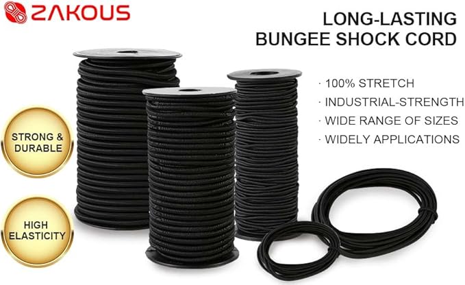 Strong and Durable Bungee Cord Roll - 1/4" x 100ft Elastic Cord, Kayak Stretch String Rope, Bungee Shock Cords for Repairing Tent Poles, DIY, Tie Downs, Black