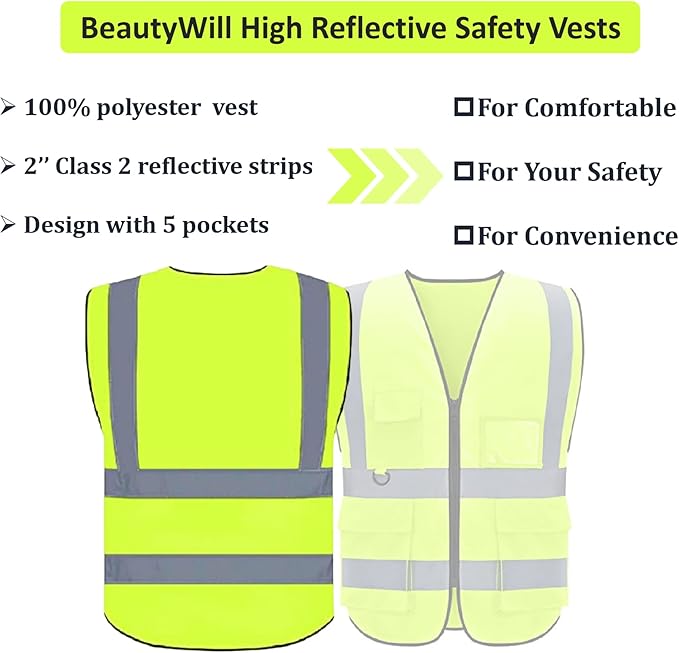 BeautyWill Custom Logo Safety Vest Class2 High Visibility Reflective Vest Breathable Construction Vest