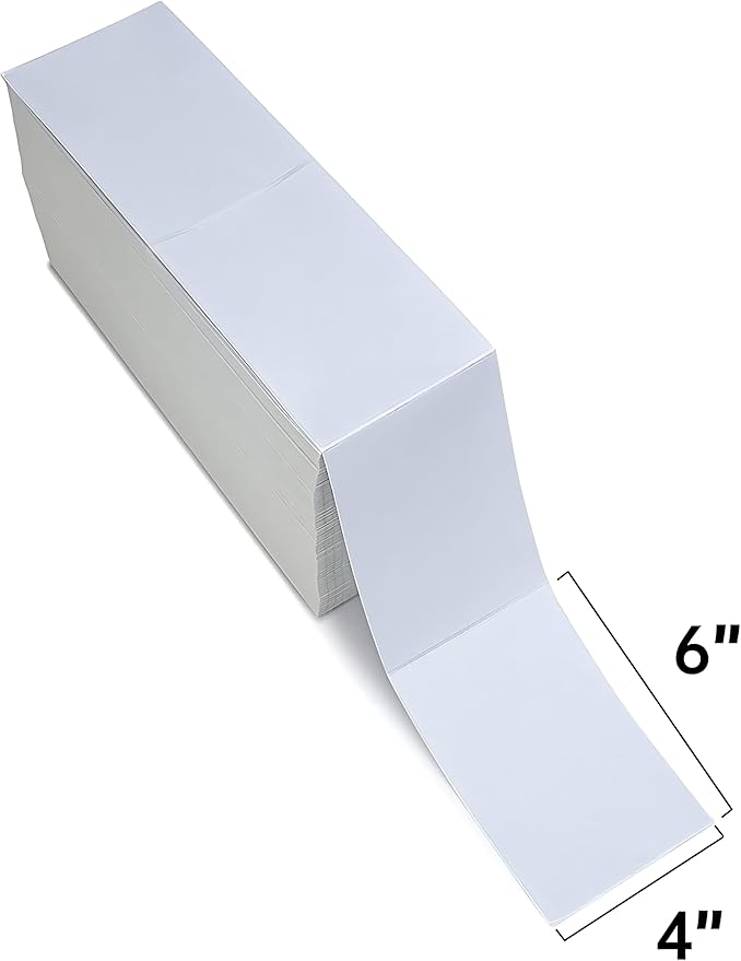 Fanfold [4 x 6 inch] x [3000 Labels] Thermal Stack Direct White Strong Adhesive Perforated Postage Shipping Printer Compatible with Zebra SNBC Epson Rollo (3000 Labels, Fanfold)