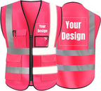 YOWESHOP High Visibility Safety Vest Custom Your Logo Protective Workwear 5 Pockets With Reflective Strips Outdoor Work Vest (Pink (S))