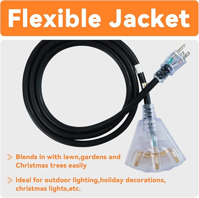 EP 20 Ft 12 Gauge Heavy Duty Extension Cord, 15A 125V 1875W, 3 Outlet Indoor/Outdoor Power Cord with Lighted End, 12/3 SJTW Weatherproof Black, UL Listed