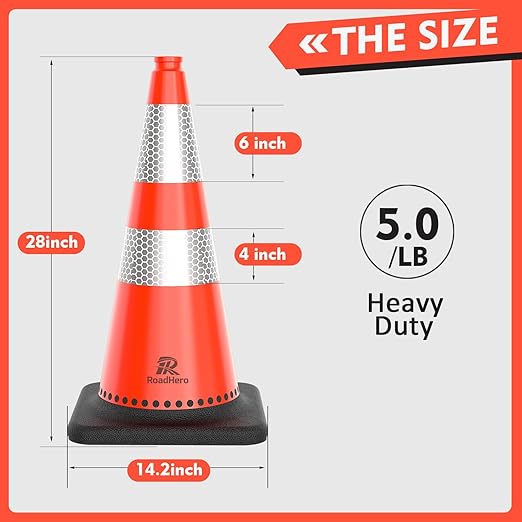 RoadHero 8 Pack Traffic Safety Cones 28 Inch with Black Weighted Base, Orange Cones with Reflective Collars for Parking Lot, Road Safety, Construction Events