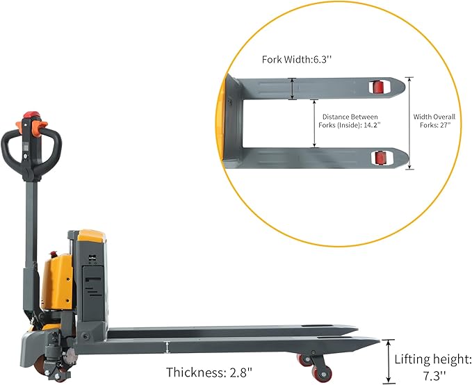 Tory Carrier Electric Pallet Jack Truck 3300lbs Capacity Lithium Electric Pallet Trucks 48" x27" Forks Li-ion Battery Lift for Narrow Spaces, Easy Battery Replacement-Yellow