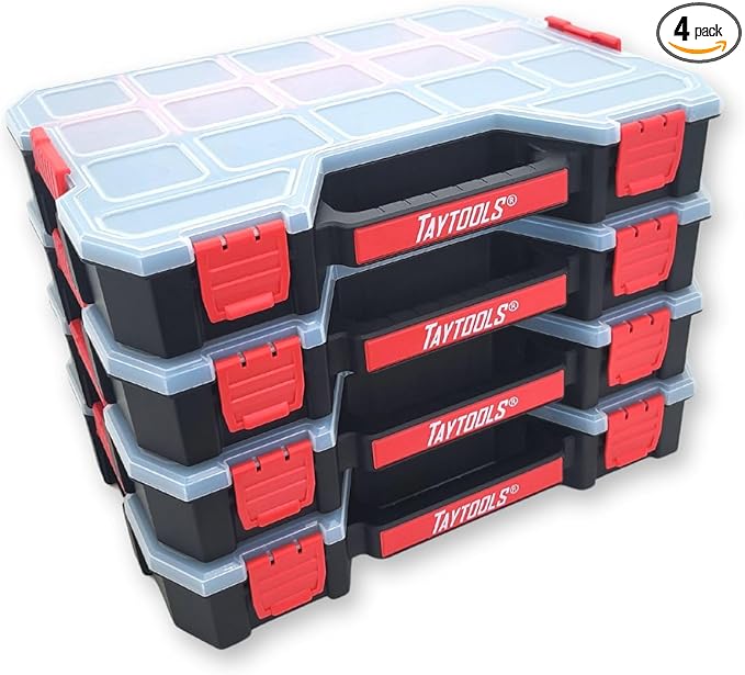 Taytools 17 Compartment Small Parts Organizer Box - Dual Latch Portable Tool Box with Removeable Dividers for Storing Hardware, Screws, Bolts, Nails, Beads or Jewely (Pack of 4)