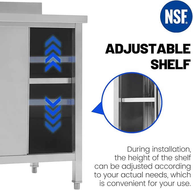 Hally Stainless Steel Cabinet, 30" x 48" NSF Commercial Heavy Duty Prep Workbench with Backsplash and Two Sliding Doors, Large Storage Cabinet, Metal Table for Kitchen, Restaurant, Garage