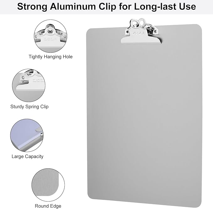 ZCZN Metal Clipboard, 4 Pack Heavy Duty Aluminum Clipboards 12 x 9 Inches, A4 Letter Sizer Document Holder with High Capacity Clip, Suitable for School, Office, Jobsite or Medical Staff, Silver