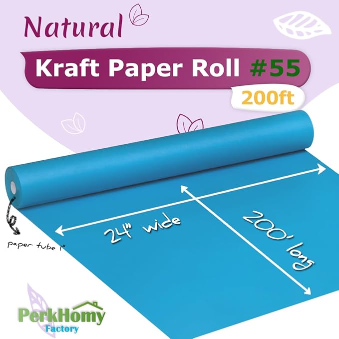 PerkHomy 24" x 2,400" (200') Lake Blue Kraft Paper Roll for Craft Bulletin Board Paper Art Table Covering Crafting Gift Wrapping Bouquet Packing Parcel 80GSM 55LB (Lake Blue, 24" x 200')