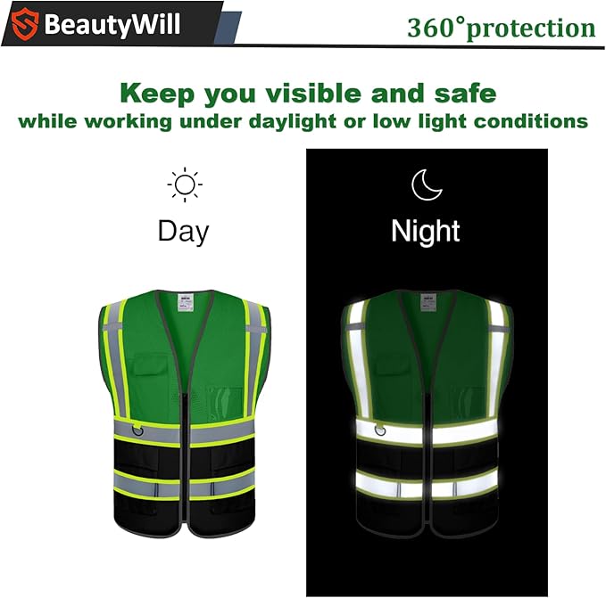 BeautyWill Custom Safety Vest Customized Logo Mesh Vest Class2 High Visibility Reflective Vest with Pockets Workwear（Green Black，XXL ）