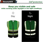 BeautyWill Custom Mesh Safety Vest Customized Logo Class2 High Visibility Reflective Vest with Pockets Construction workwear（Green Black，3XL ）